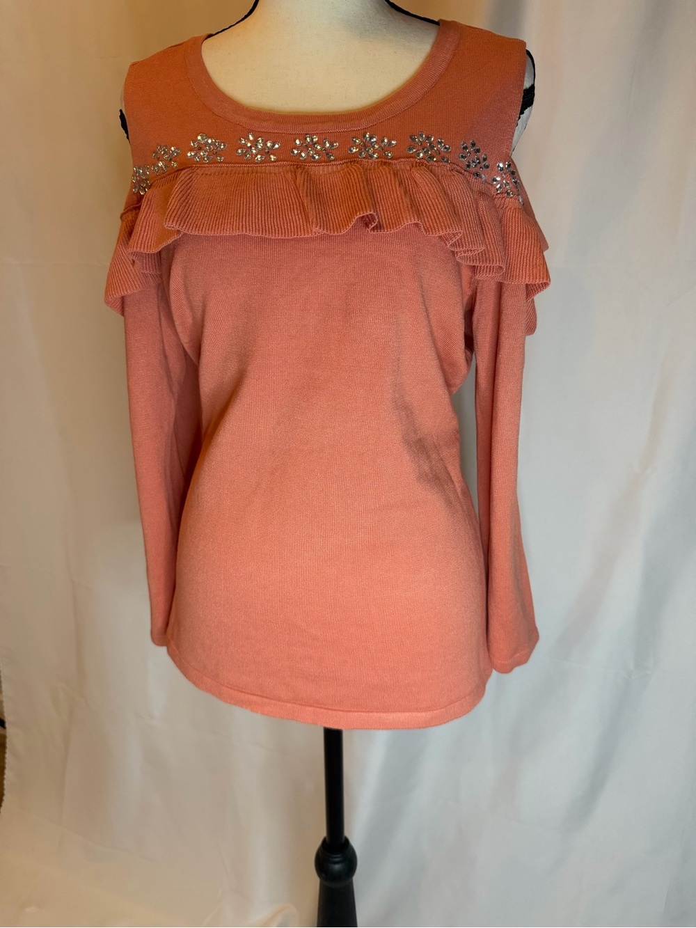 Madison Coral Orange Ruffle Cold-Shoulder Sweater with Crystal Trim